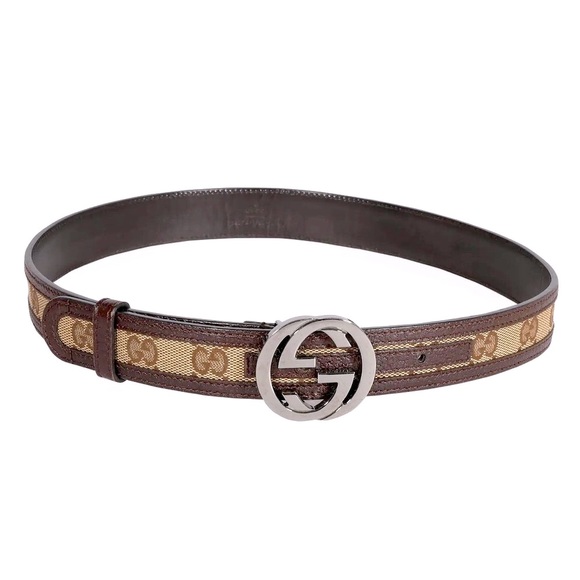 Authentic ✨Vintage Gucci GG Canvas & Brown Leather Interlocking G Belt 90/36 - Picture 2 of 11